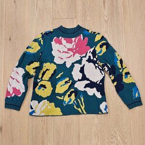 Anthropologie Laine Floral Knit Emerald Green Crew Neck Women's Sweater